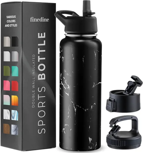 Vista 34 de FineDine Botellas de agua aisladas de triple pared con popote, botella de metal de acero inoxidable de 25 onzas con 3 tapas a prueba de fugas