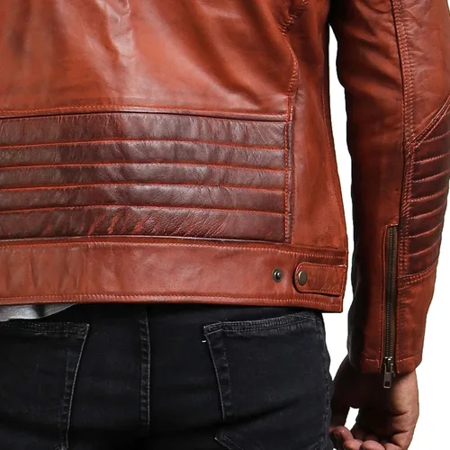 Vista 5 de Chamarras de cuero marrón para hombre - Cafe Racer Slim Fit cuero Biker Jacket Hombre