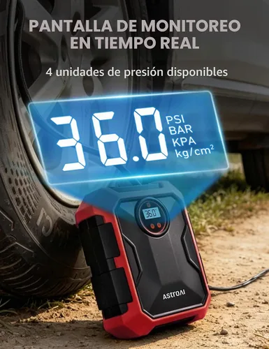 Vista 4 de AstroAI Compresor de aire portátil e inflador de neumáticos, accesorio automático de 12 V CC con luz LED y pantalla digital, 100 PSI para automóvil