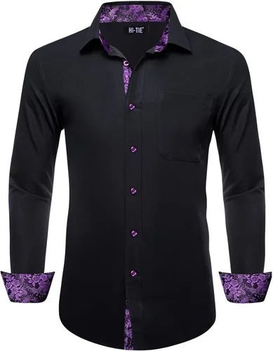 Vista 17 de Hi-Tie Camisa de manga larga jacquard con contraste interior sin arrugas para hombre