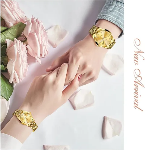 Vista 48 de OLEVS Reloj para parejas para él y ella, reloj analógico de cuarzo para hombres y mujeres, de acero inoxidable, impermeable, luminoso, fecha, reloj