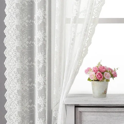 Vista 15 de Kotile - Cortinas de encaje beige de 45 pulgadas de largo para ventanas de cocina, 2 paneles, cortinas de encaje floral de vid traslúcidas