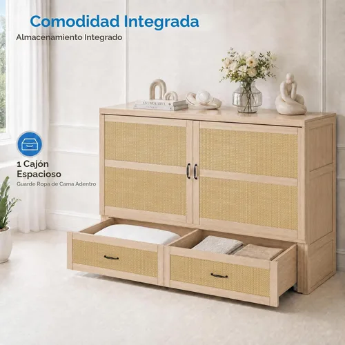 Vista 4 de Mjkone Murphy - Cama de gabinete con colchón plegable de tres piezas Madera natural