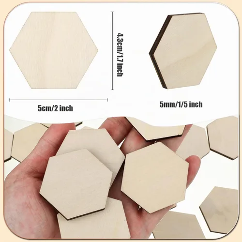 Vista 2 de 120 piezas hexagonales de madera sin terminar de 1/5 pulgadas de grosor, recortes hexagonales de madera en blanco, adornos de virutas de madera