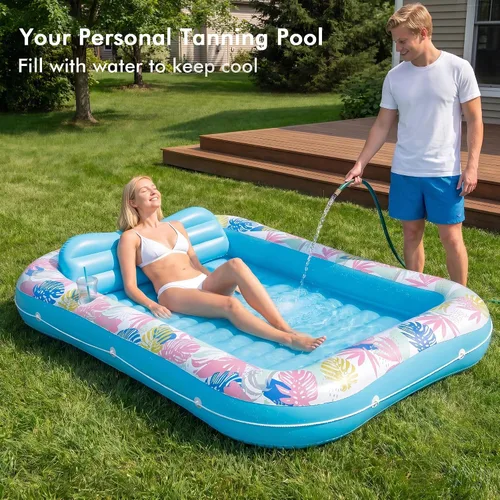 Vista 3 de OKSUWATER - Flotador para tumbona bronceadora para piscina, de 87 x 63 pulgadas, para adultos, con reposacabezas y soporte para bebidas, cama Azul