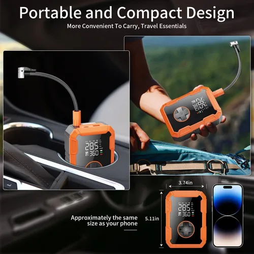 Vista 7 de Bomba de aire portátil para neumáticos de automóvil, inflador de neumáticos de 150 PSI inalámbrico con luz LED, compresor de aire recargable
