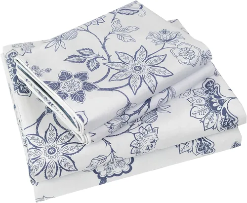 Vista 34 de FADFAY Juego de sábanas tamaño King, sábanas de algodón percal rosa floral con bolsillo profundo, ropa de cama vintage lujosa azul con estampado