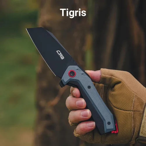 Vista 9 de CJRB Tigris Cuchillo táctico de bolsillo con hoja de acero en polvo AR-RPM9 con PVD negro, mango G10 negro y azul para EDC, camping y caza (J1919)