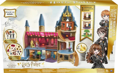 Vista 2 de Wizarding World Harry Potter, exclusivo castillo de Hogwarts de lujo de Magical Minis, 3 juegos de aula, 22 accesorios, 3 figuras, luces y sonidos