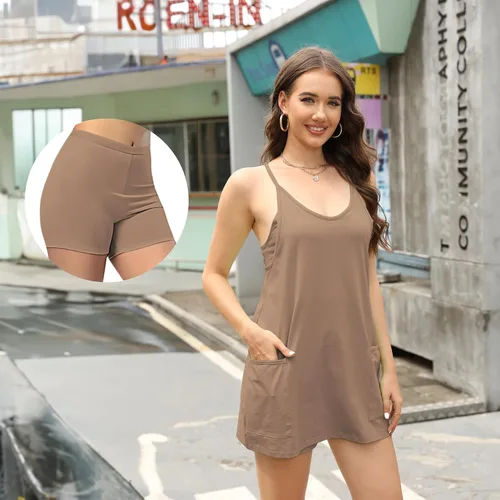 Vista 4 de FZNHQL Vestido deportivo de verano para mujer, deportivo, elegante, sin mangas, con tirantes delgados, con bolsillos