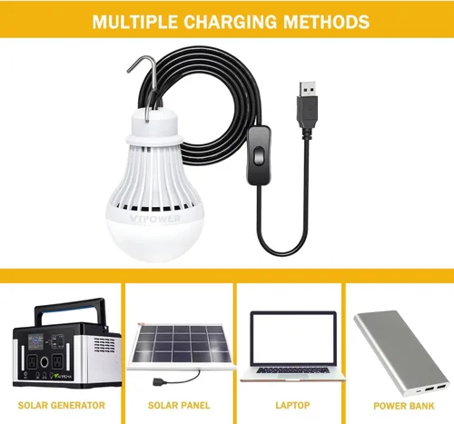 Vista 5 de Paquete de 2 bombillas de luz USB, linterna de luz LED USB para acampar, luz de tienda con cable de 8.2 pies de longitud extra y cable USB en Y