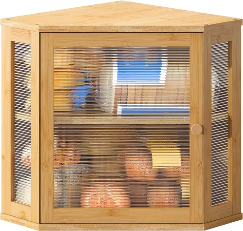 Vista 8 de Caja de pan de esquina BMOSU para encimera de cocina de doble capa de bambú contenedor de pan de madera de gran capacidad (negro, mediano)
