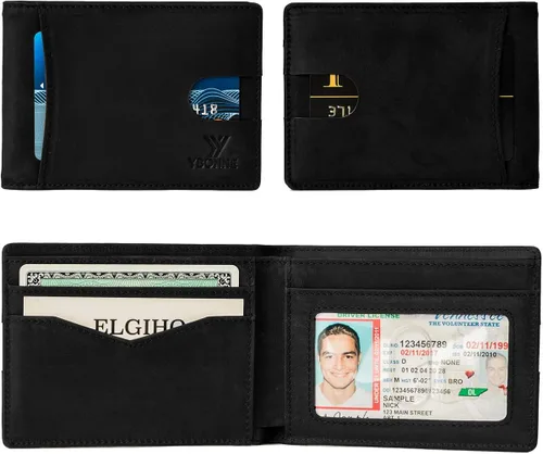 Vista 3 de YBONNE Cartera plegable compacta funcional con bloqueo RFID para hombres, hecha de cuero auténtico más fino