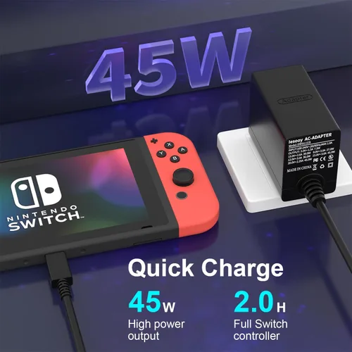 Vista 3 de Iesooy Adaptador de CA de 45 W, carga rápida de 15 V2.6 A con cable USB-C de 5 pies, compatible con Switch Lite, Switch OLED, Steam Deck