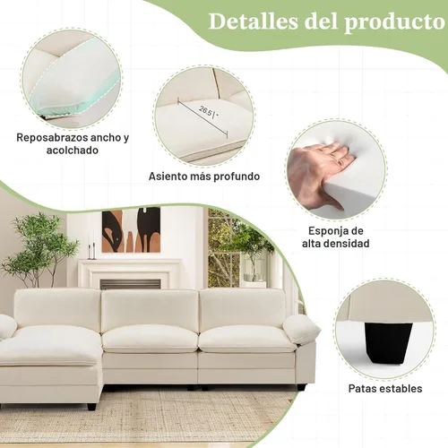 Vista 3 de Sofá modular modular de 118 pulgadas, cómodo sofá seccional de chenilla de 3 asientos para sala de estar, dormitorio y apartamento, color beige Pana