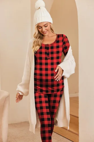 Vista 4 de Ekouaer Ropa interior térmica con botones para mujer, pijama de maternidad con forro polar de microfibra, conjunto de pijamas de invierno largo