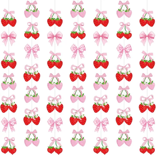 Vista 11 de Xinnun Decoraciones de Fiesta de Cerezas Pancartas Colgantes con Lazo Rosa Guirnalda Cerezas Decoraciones de Baby Shower Recortes Cintas Serpentinas