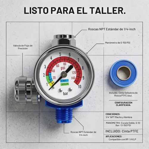 Vista 5 de LE LEMATEC Regulador de compresor de aire y válvula de control de flujo con manómetro - para herramientas neumáticas, pintura en aerosol, inflado