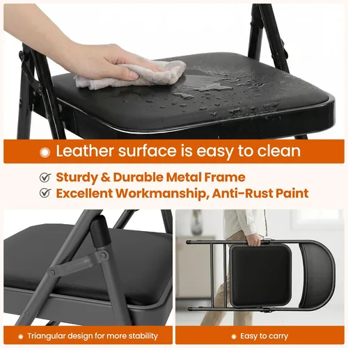 Vista 5 de Paquete de 4 sillas plegables negras, sillas plegables acolchadas con asiento y respaldo de piel sintética, sillas plegables de metal portátiles