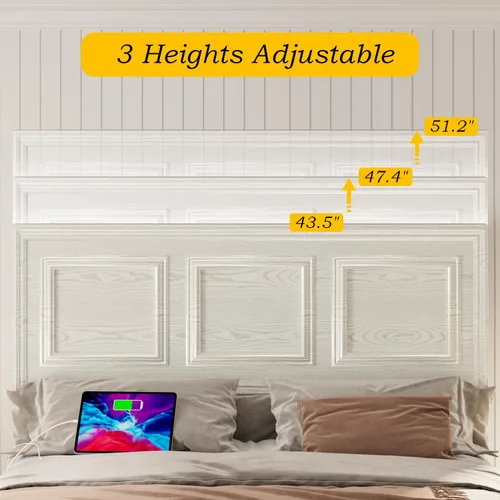 Vista 9 de Incyneva Base de cama matrimonial con cabecera ajustable en altura, marco de cama de plataforma de granja con puerto de carga y luces LED,