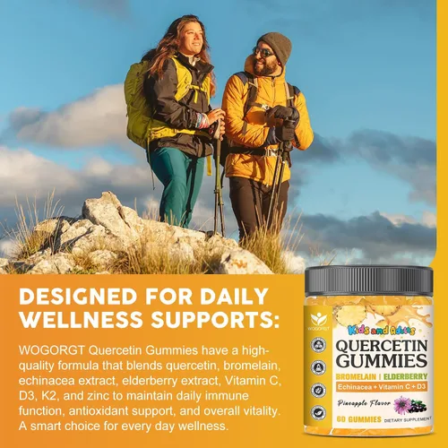 Vista 4 de Gomitas de quercetina con bromelina para niños y adultos, apoyo inmunológico y de bienestar estacional, 800 mg de quercetina con bromelina, zinc