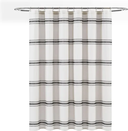 Vista 7 de [Usado] Cortina de regadera de algodón a rayas estilo rústico de Lush Decor, 72 x 72 pulgadas, negra - Cortina de baño a rayas - Cortinas de ducha