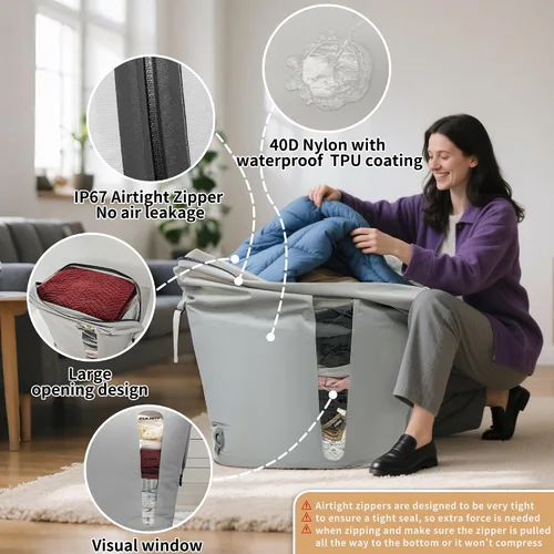 Vista 3 de Paquete de 2 bolsas reutilizables de compresión al vacío que ahorran espacio, impermeables, profesionales, IP67, bolsas de vacío con cremallera