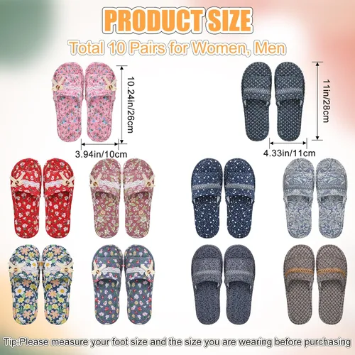 Vista 3 de Chuarry 10 pares de pantuflas de algodón floral para invitadas, mujeres, lavables, de algodón, con puntera abierta, para hotel, viajes, avión, spa