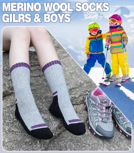 Vista 3 de Calcetines de senderismo de lana merino para niños y niñas, para invierno, cálidos, gruesos, térmicos, calcetines de regalo, 6 pares