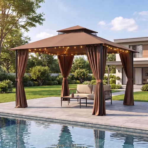 Vista 25 de COBIZI 10x15 Outdoor Patio Gazebo with Privacy Curtains, Khaki Caqui
