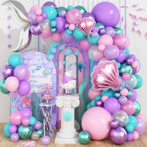 Vista 9 de Kit de arco de globos Dagelar azul morado, guirnalda de globos de cumpleaños de copo de nieve con globo de confeti plateado, globos de tema invernal