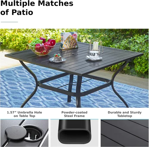 Vista 2 de MFSTUDIO Juego de mesa de comedor para patio al aire libre con paraguas, 4 sillas giratorias y 1 x 37 cuadrado Bistro forjado Iorn Slat mesa grande