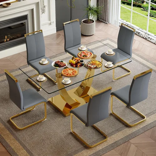 Vista 26 de Juego de mesa de comedor de cristal de 63 pulgadas para 4, mesa de comedor para 4, mesa de comedor con patas y base de acero inoxidable, sillas