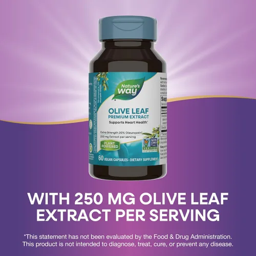 Vista 4 de Nature's Way Hoja de olivo, extracto premium, apoya la salud del corazón*, 20% de oleuropeína, 250 mg por porción, proyecto verificado sin OMG, 60