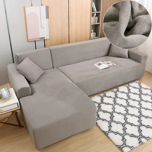 Vista 2 de Fundas para sofá modular, 2 fundas de sofá en forma de L con fundas de almohada, fundas elásticas de terciopelo para sofá de 3 + 3 plazas, fundas