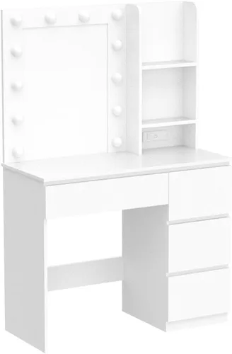 Vista 4 de Vabches Tocador de maquillaje con luces, escritorio de tocador de 37 pulgadas con tira de corriente, mesa de maquillaje de 4 cajones con espejo