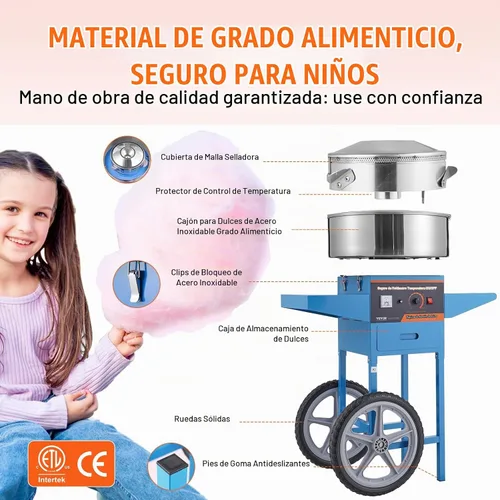 Vista 4 de VEVOR - Máquina eléctrica para hacer algodón de azúcar con carro, máquina comercial para hacer caramelo de 1000W con tazón de acero inoxidable