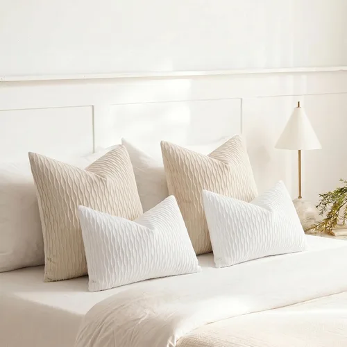 Vista 6 de DEZENE Fundas de almohada para sofá color marfil blanco: pack de 2 fundas de almohada cuadradas de terciopelo a rayas originales de 16x16 pulgadas