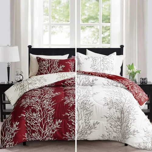 Vista 9 de Flysheep Juego de edredón reversible floral tamaño individual, juego de ropa de cama con estampado botánico blanco y azul, microfibra ultra suave