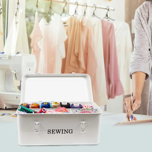 Vista 5 de Caja de costura, caja organizadora de costura de metal, caja de almacenamiento para kit de costura, estuche de suministros de costura con cerraduras