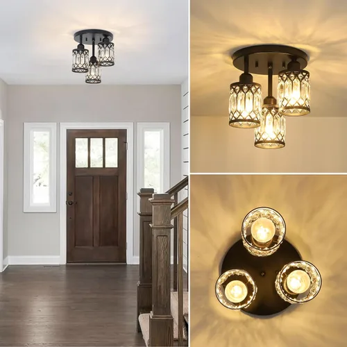 Vista 3 de PAUFUL Lámpara de Techo Semiempotrada, Lámparas de Techo Modernas de Cristal de 3 Luces Cerca del Techo, Lámparas de Cocina Negras con Pantalla
