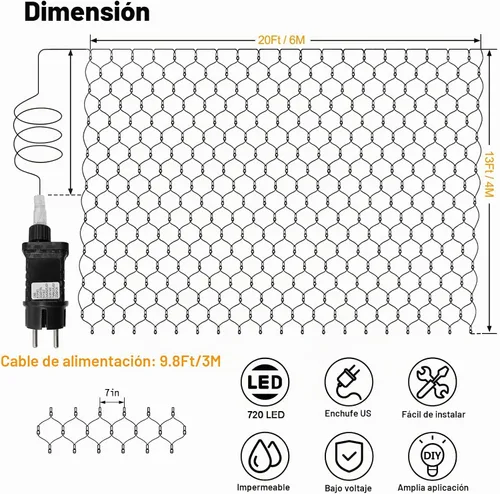 Vista 8 de echosari Luces de red para exteriores de 20 x 13 pies, enchufables con control remoto, 720 luces LED de red de Navidad IP68, totalmente impermeables