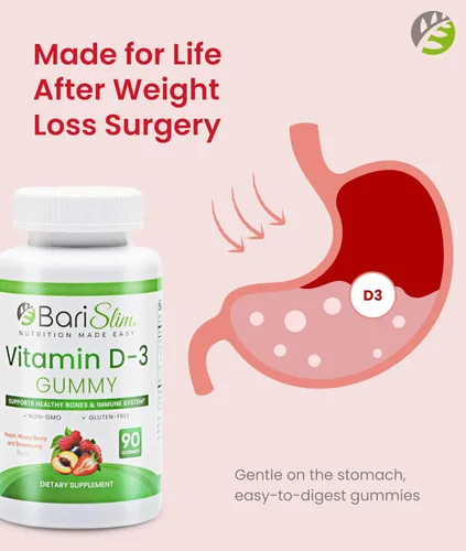 Vista 3 de BariSlim Gomitas de vitamina D-3 bariátricas – Vitamina gomosa especialmente formulada para pacientes después de una cirugía de pérdida