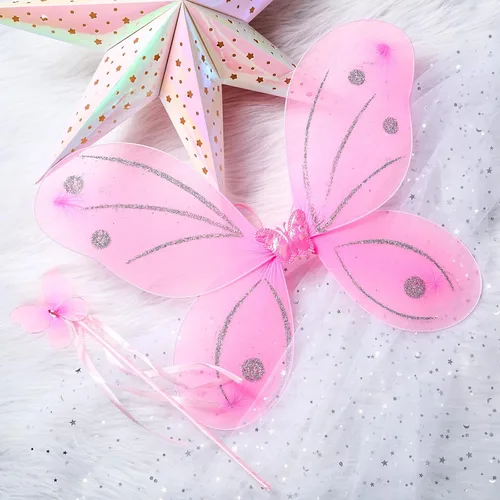 Vista 4 de Juego de 24 alas de hada, mariposa y ángel, alas de mariposa para niñas, coloridas varitas de hadas para niños, fiesta de disfraces, Halloween