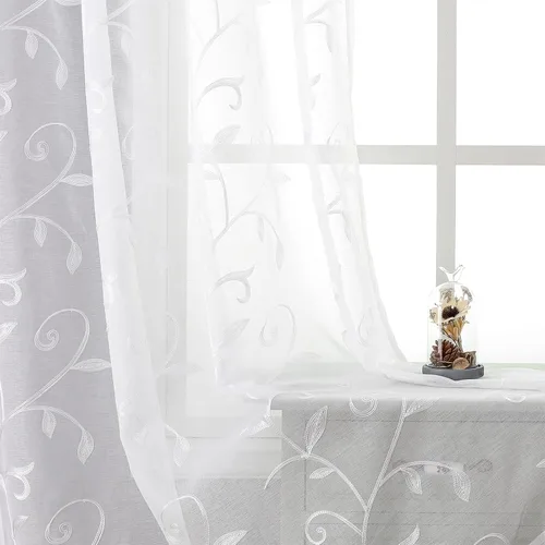 Vista 75 de VISIONTEX 2 paneles de cortinas traslúcidas de 63 in de largo, cortinas de gasa semitransparentes bordadas con hojas florales beige, bolsillo