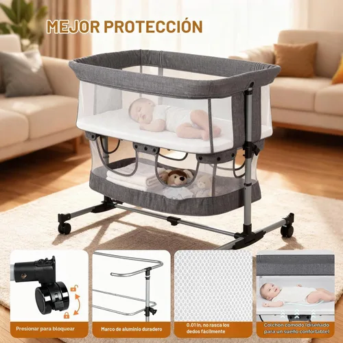 Vista 8 de Moisés para bebé, cuna mecedora 3 en 1, moisés de noche para bebé con mosquitera, lados de malla completa, 5 alturas ajustables, cuna estable