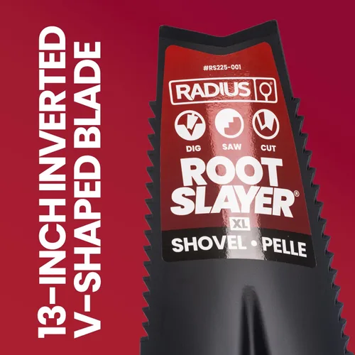 Vista 3 de Root Slayer RS225 - Pala de jardín dentada de mango largo para excavar y cortar raíces, eje de fibra de vidrio, pala de acero resistente, color negro