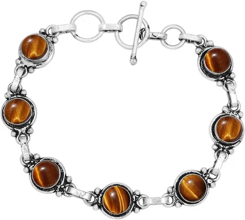 Vista 58 de Round Shape Natural & Synthetic Gemstones Silver Plated Bracelets for Women - Vintage Bohemian Style Handmade Birthstone Adjustable Link Bracelet