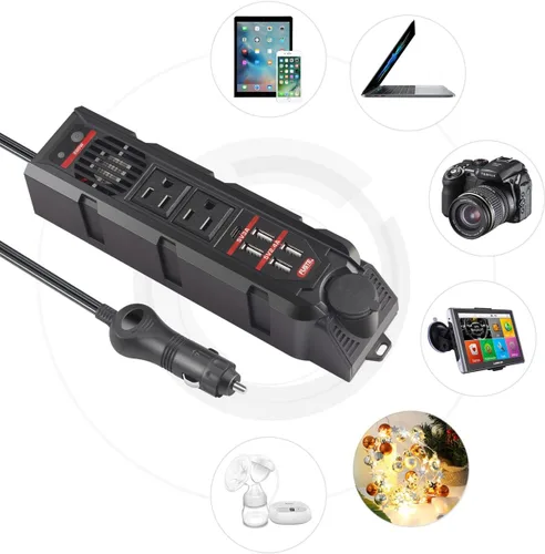 Vista 5 de Inversor de corriente para automóvil de 200 W CC 12 V a 110 V CA – Dos salidas de CA, 4 USB-A (4.8 A) y 18 W USB-C PD carga rápida, enchufe extra
