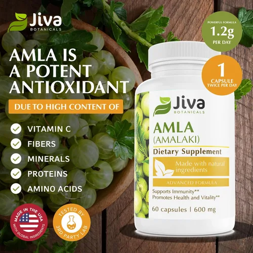 Vista 3 de Jiva Botanicals Cápsulas de Amla Vegan - Suplemento de grosella espinosa india para 60 días. Alternativa fácil de tomar en polvo de Amla. También